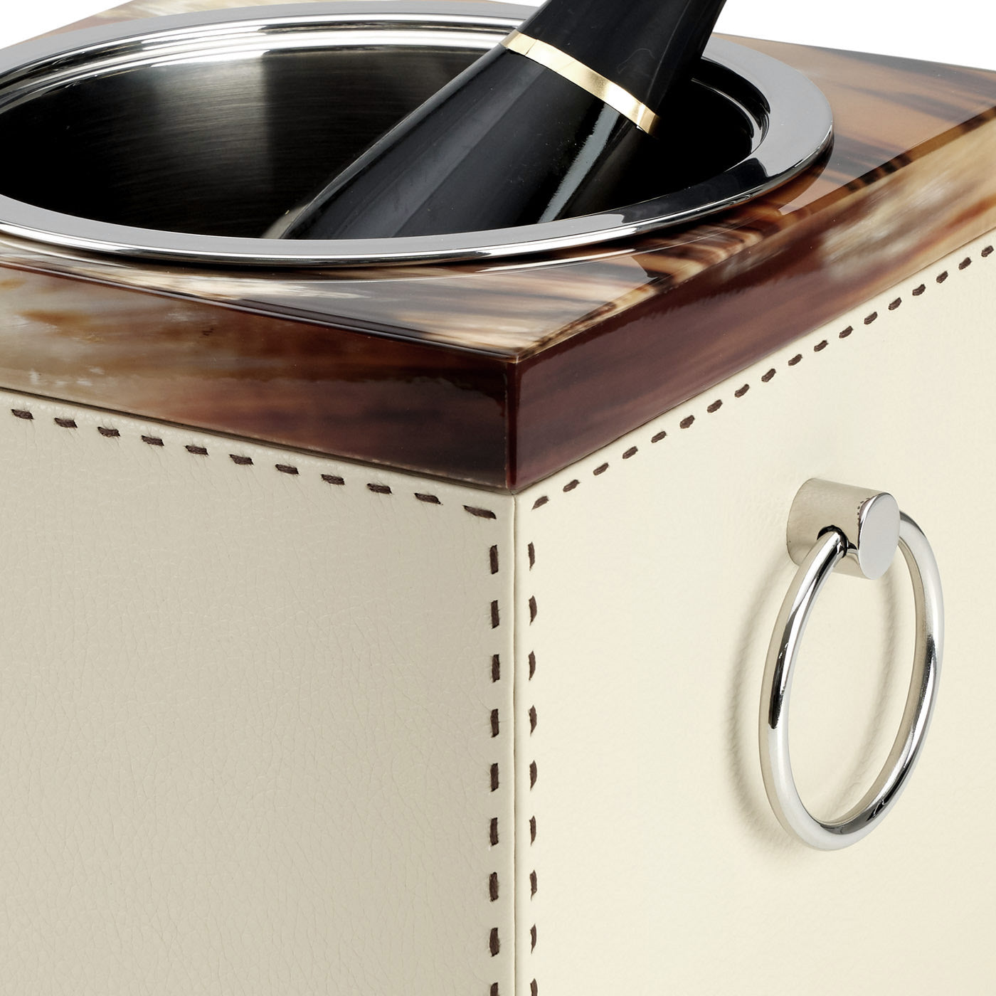 Arcahorn Nives Champagne Bucket | Glossy Horn and Aida Pebbled Leather in Ice-cream with Handmade Dark Brown Stitching | Removable Stainless Steel Liner and Handles | Ideal for Yacht or Office | Explore Luxury Home Accessories at 2Jour Concierge, #1 luxury high-end gift & lifestyle shop