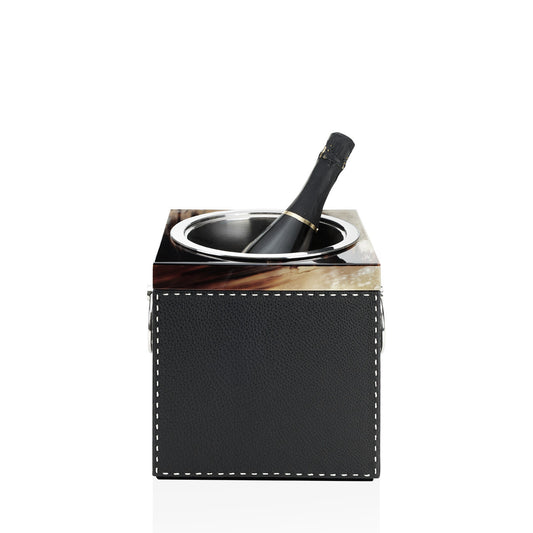 Arcahorn Nives Champagne Bucket | Glossy Horn and Aida Pebbled Leather in Onyx with Handmade Ivory Stitching | Removable Stainless Steel Liner and Handles | Ideal for Yacht or Office | Explore Luxury Home Accessories at 2Jour Concierge, #1 luxury high-end gift & lifestyle shop