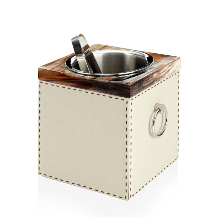 Arcahorn Nives Ice Bucket | Glossy Horn and Aida Pebbled Leather in Ice-cream with Handmade Dark Brown Stitching | Removable Stainless Steel Liner, Ice Tongs, and Handles | Perfect for Yachts and Offices | Discover Luxury Home Accessories at 2Jour Concierge, #1 luxury high-end gift & lifestyle shop