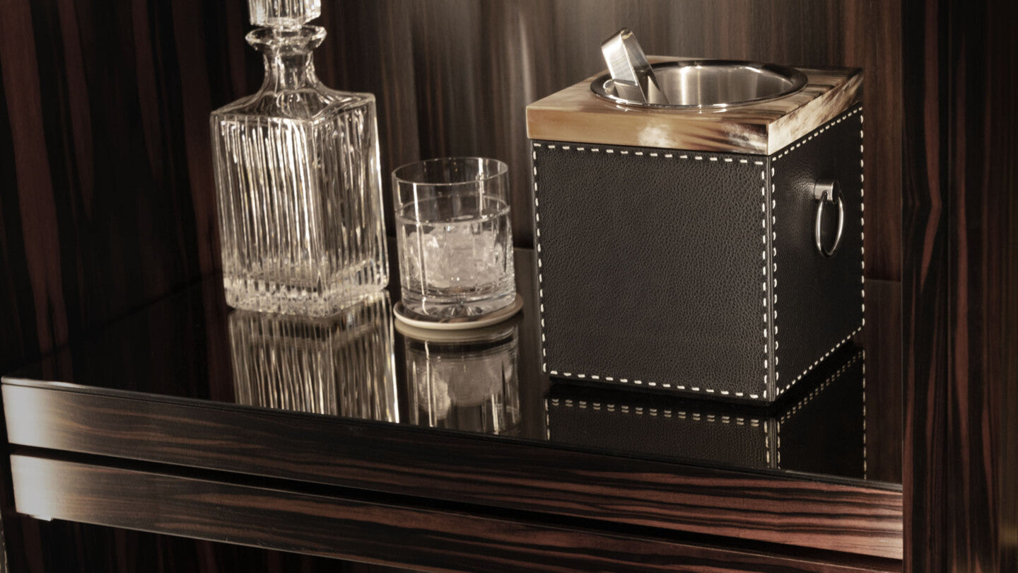 Arcahorn Nives Ice Bucket | Glossy Horn and Aida Pebbled Leather in Onyx with Handmade Ivory Stitching | Removable Stainless Steel Liner, Ice Tongs, and Handles | Designed by Filippo Dini | Perfect for Yachts and Offices | Discover Luxury Home Accessories at 2Jour Concierge, #1 luxury high-end gift & lifestyle shop