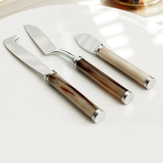 Pule Cheese Knife Set by Arcahorn | Includes a two-pronged knife for semi-hard cheeses, a soft cheese knife, and an almond knife for hard cheeses, all crafted from horn and stainless steel | Kitchen Tools and Cheese Knives | 2Jour Concierge, your luxury lifestyle shop