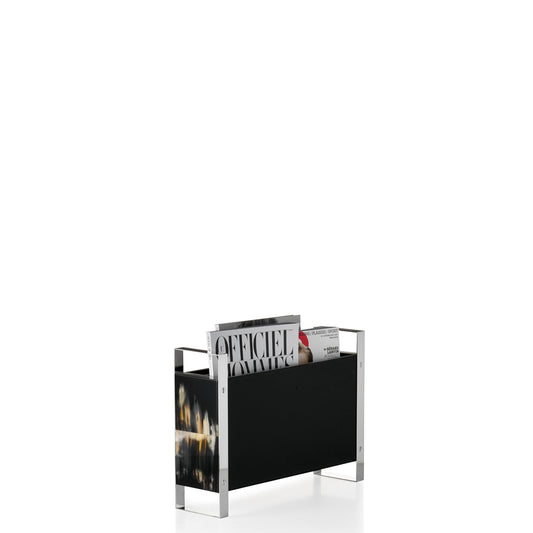 Dante Magazine Rack by Arcahorn | Wood construction with lacquered black gloss finish, featuring dark horn inlays and black Saffiano leather accents. Handles made of stainless steel with exposed screws | Home Decor and Magazine Racks | 2Jour Concierge, your luxury lifestyle shop