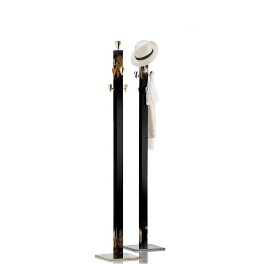 Giglio Coat Stand by Arcahorn | Coat stand with structure in wood featuring a lacquered black gloss finish with dark horn inlays. Base and hooks crafted in chromed brass. | Home Decor and Furniture | 2Jour Concierge, your luxury lifestyle shop