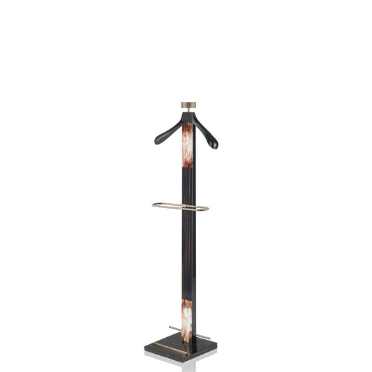 Arcahorn Levanzo Wardrobe Clothes Valet | Glossy Ebony Structure with Horn Inlays | Burnished Brass Shoe Rack and Trouser Bar | Catch-All Tray in Burnished Brass Lined with Black Saffiano Leather | Perfect for Yacht or Office Decor