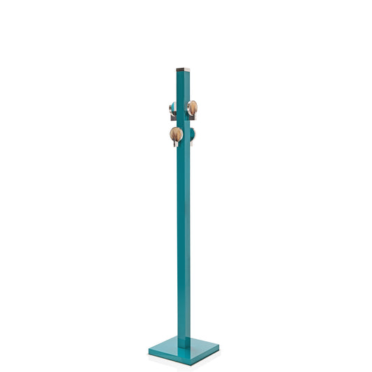 Linosa Coat Stand by Arcahorn | Structure in wood with lacquered water blue gloss finish, hooks in horn and chromed brass, base in wood with lacquered water blue gloss finish and chromed brass. | Home Decor and Furniture | 2Jour Concierge, your luxury lifestyle shop