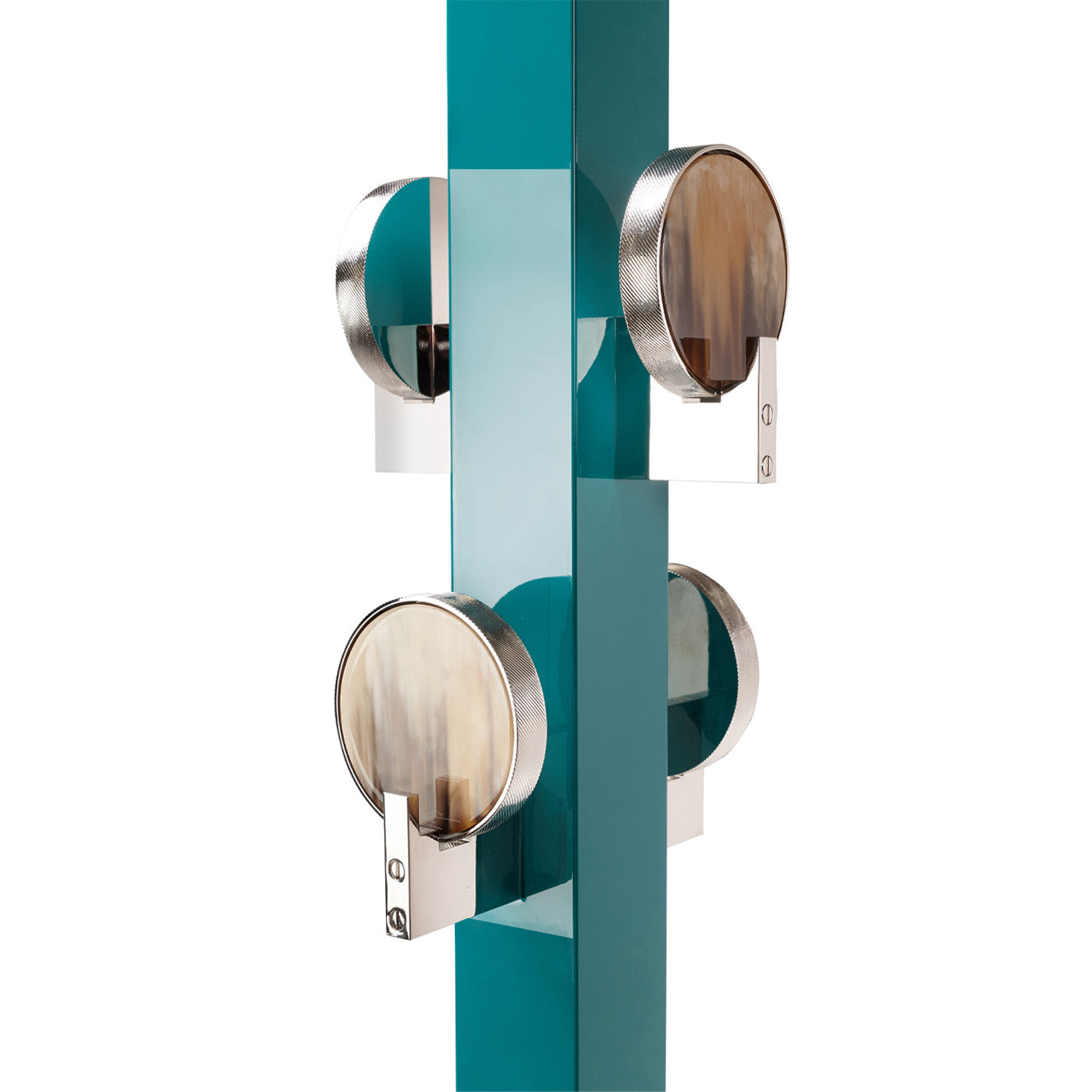 Linosa Coat Stand by Arcahorn | Structure in wood with lacquered water blue gloss finish, hooks in horn and chromed brass, base in wood with lacquered water blue gloss finish and chromed brass. | Home Decor and Furniture | 2Jour Concierge, your luxury lifestyle shop