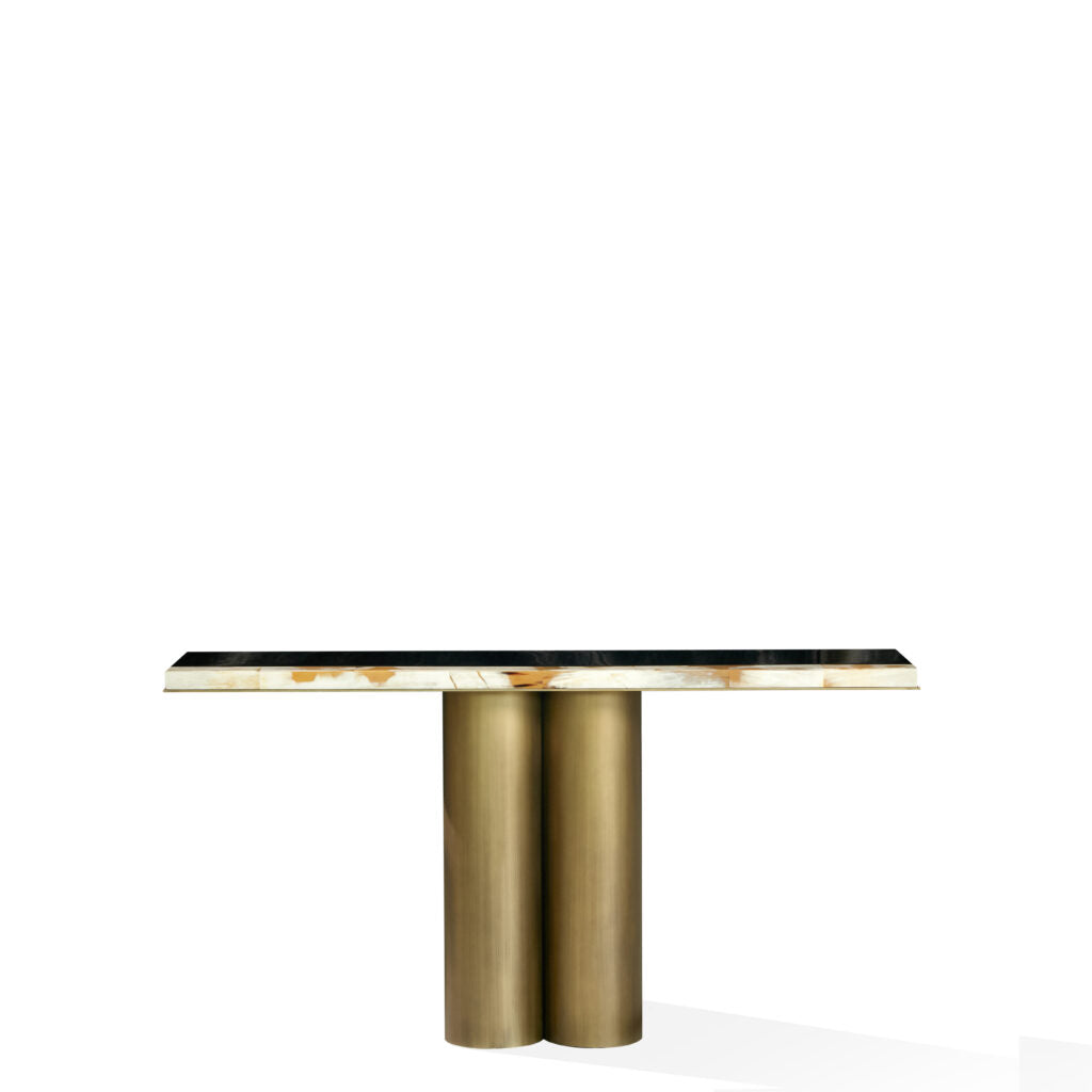 Arcahorn Andria | Console Table: Glossy black lacquered wood with horn detailing and burnished brass accents, designed as a refined architectural element for sophisticated interiors | Furniture / Consoles | 2Jour Concierge, your luxury lifestyle shop