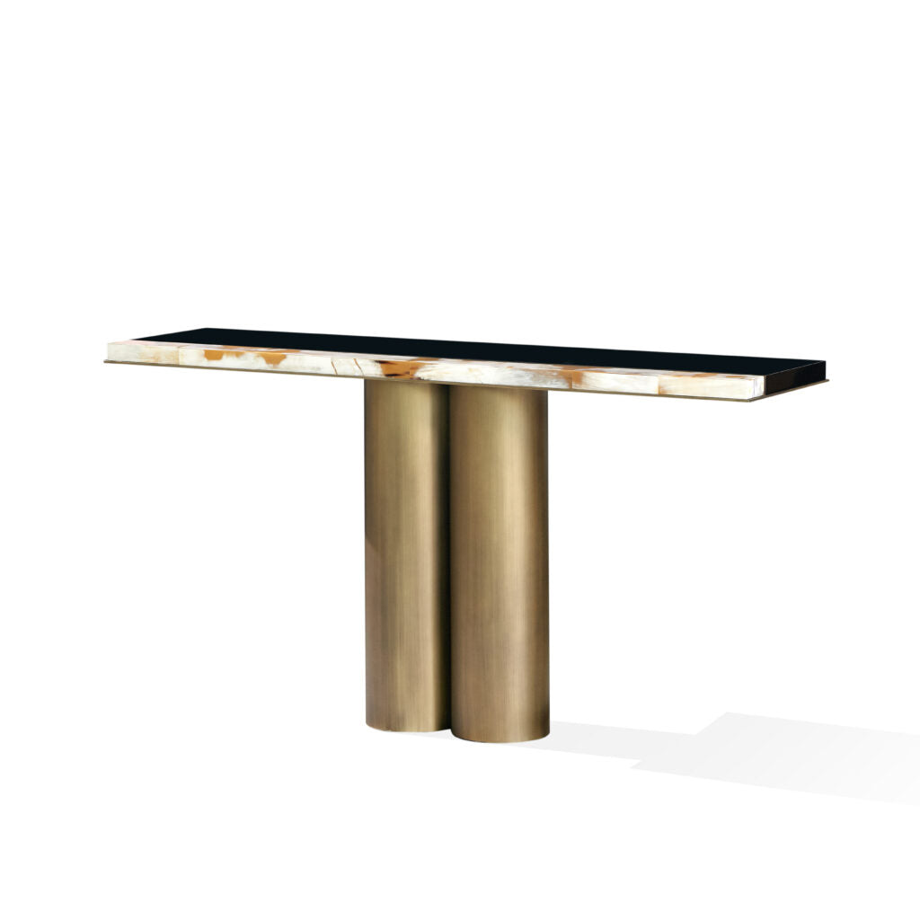 Arcahorn Andria | Console Table: Glossy black lacquered wood with horn detailing and burnished brass accents, designed as a refined architectural element for sophisticated interiors | Furniture / Consoles | 2Jour Concierge, your luxury lifestyle shop