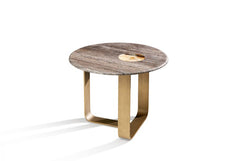 Apollo Travertino Titanium Marble Side Table with Glossy Horn Inlay & Satin Metal