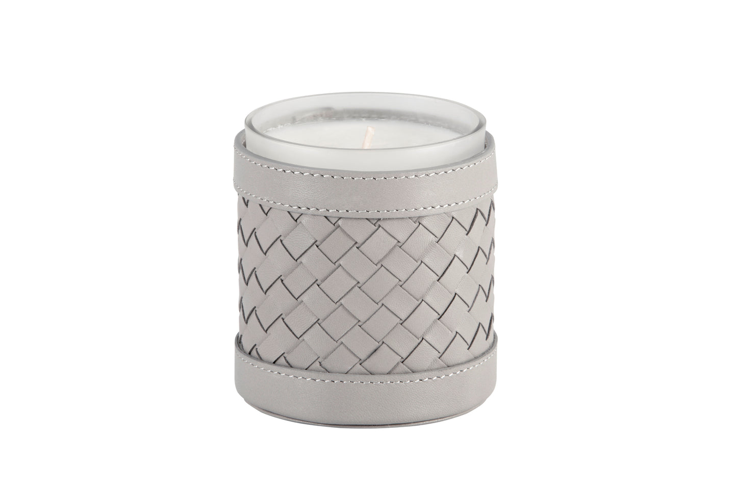 Riviere Ester Handwoven Leather Candle Holder With Removable Scented Candle | Exquisite Handwoven Leather Design | Enhance Your Home Ambiance with a Removable Scented Candle | Elevate Your Decor with Riviere's Luxurious Accessories | Available at 2Jour Concierge, #1 luxury high-end gift & lifestyle shop