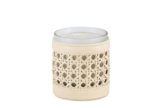 Riviere Ester Hand-Braided Leather Candle Holder With Removable Scented Candle | Elegant Hand-Braided Leather Design | Enhance Your Home Ambiance with a Removable Scented Candle | Elevate Your Decor with Riviere's Luxurious Accessories | Available at 2Jour Concierge, #1 luxury high-end gift & lifestyle shop