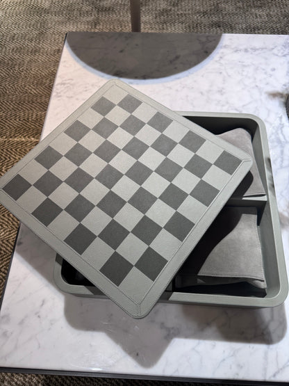 x Poltrona Frau Leather-Covered Wood Triple Game Compendium (chess, draughts, domino)