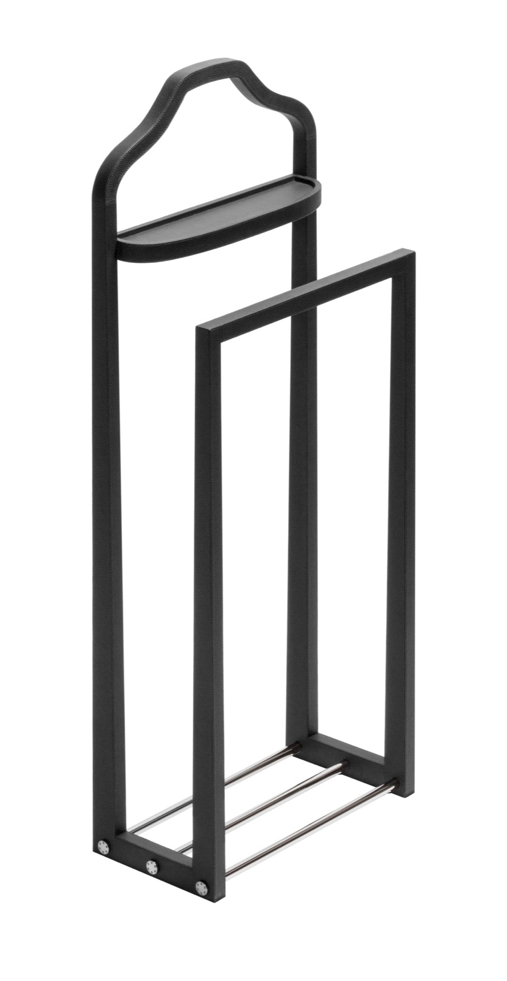 Giobagnara | Amedeo Leather-Covered Wood Clothes Valet: Wood clothes valet covered in leather with metal inserts in chrome, bronze, or brass, fixed valet tray included | Livingroom / Hospitality | 2Jour Concierge, your luxury lifestyle shop | luxury clothes valet, leather valet stand, Giobagnara Amedeo, Italian luxury bedroom accessories, designer valet stand, leather covered wood valet, chrome bronze brass valet, premium clothes organiser