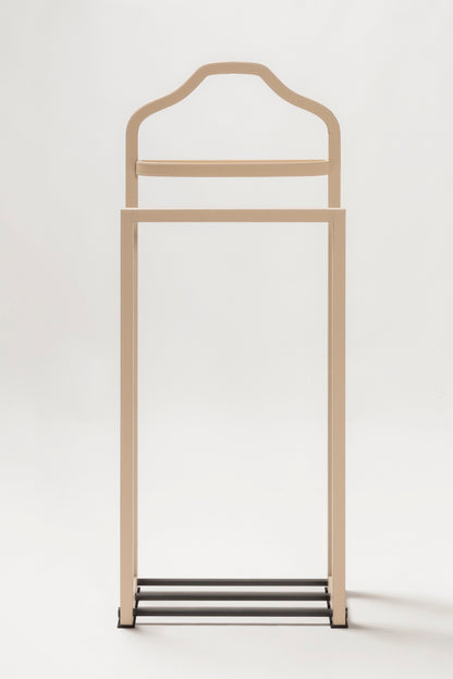 Giobagnara | Amedeo Leather-Covered Wood Clothes Valet: Wood clothes valet covered in leather with metal inserts in chrome, bronze, or brass, fixed valet tray included | Livingroom / Hospitality | 2Jour Concierge, your luxury lifestyle shop | luxury clothes valet, leather valet stand, Giobagnara Amedeo, Italian luxury bedroom accessories, designer valet stand, leather covered wood valet, chrome bronze brass valet, premium clothes organiser