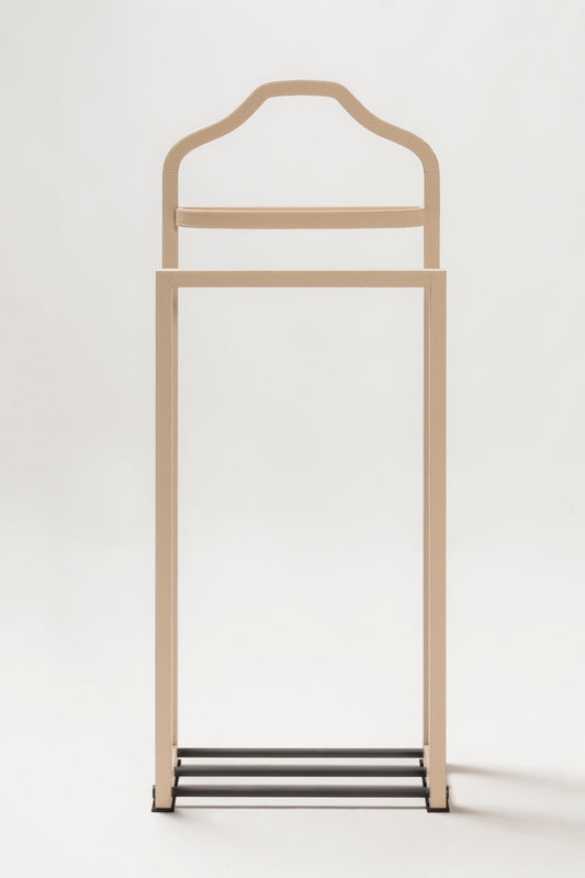 Giobagnara | Amedeo Leather-Covered Wood Clothes Valet: Wood clothes valet covered in leather with metal inserts in chrome, bronze, or brass, fixed valet tray included | Livingroom / Hospitality | 2Jour Concierge, your luxury lifestyle shop | luxury clothes valet, leather valet stand, Giobagnara Amedeo, Italian luxury bedroom accessories, designer valet stand, leather covered wood valet, chrome bronze brass valet, premium clothes organiser
