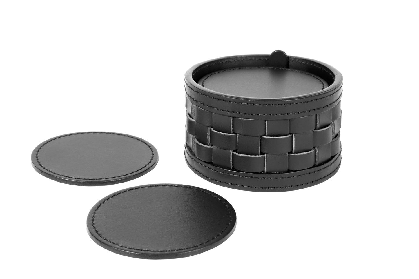 Riviere Barcellona Coaster Holder | Set of 10 Leather Coasters | Presented in a Woven Round Box | Ideal for Yacht Decor | Available at 2Jour Concierge, #1 luxury high-end gift & lifestyle shop