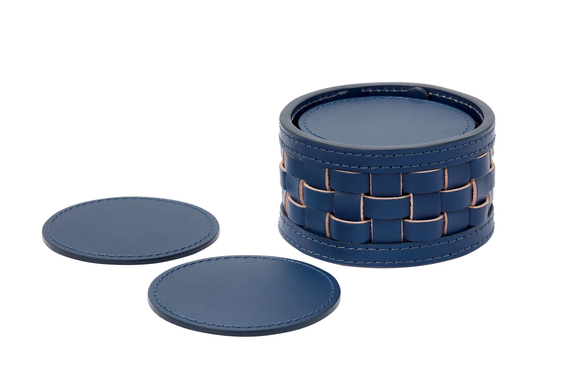 Riviere Barcellona Coaster Holder | Set of 10 Leather Coasters | Presented in a Woven Round Box | Ideal for Yacht Decor | Available at 2Jour Concierge, #1 luxury high-end gift & lifestyle shop