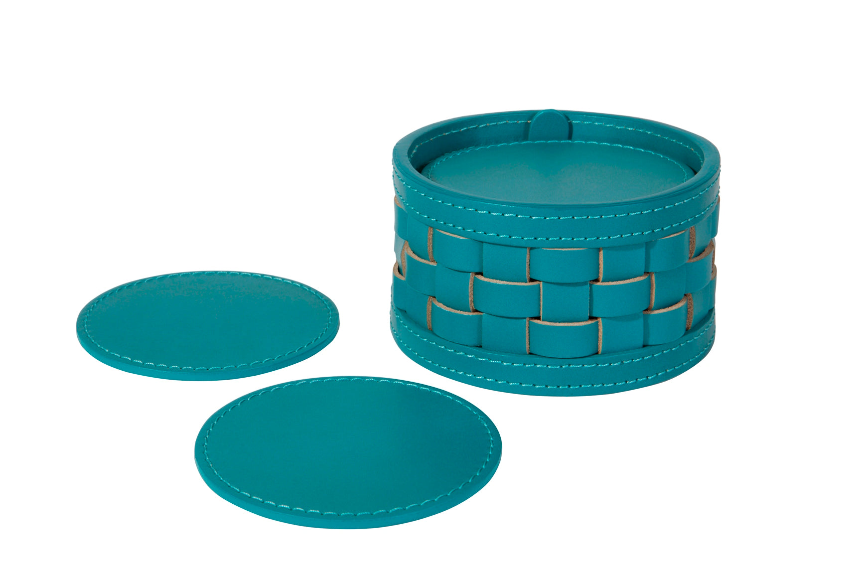 Riviere Barcellona Coaster Holder | Set of 10 Leather Coasters | Presented in a Woven Round Box | Ideal for Yacht Decor | Available at 2Jour Concierge, #1 luxury high-end gift & lifestyle shop