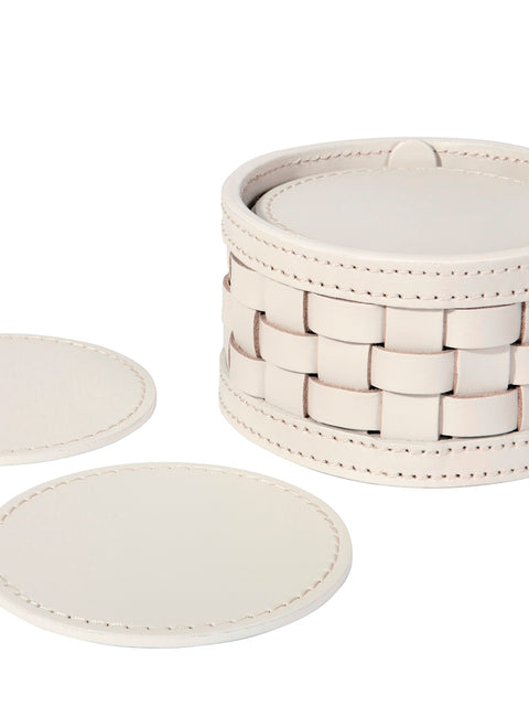 Riviere Barcellona Coaster Holder | Set of 10 Leather Coasters | Presented in a Woven Round Box | Ideal for Yacht Decor | Available at 2Jour Concierge, #1 luxury high-end gift & lifestyle shop