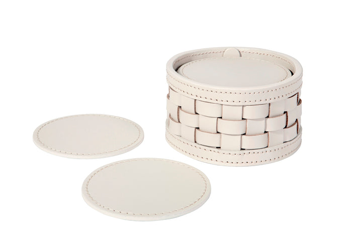 Riviere Barcellona Coaster Holder | Set of 10 Leather Coasters | Presented in a Woven Round Box | Ideal for Yacht Decor | Available at 2Jour Concierge, #1 luxury high-end gift & lifestyle shop