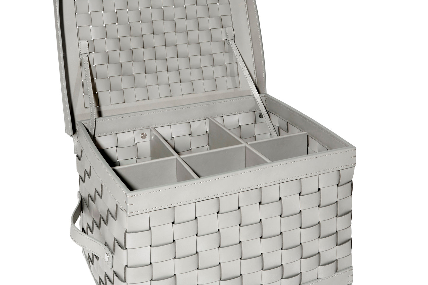 Riviere Barcellona Shoe Trunk with Lid & Handles | Elegant woven leather trunk available in small or large format, with or without internal dividers (6 or 8 compartments) | Features a hinged lid and practical leather handles, crafted exclusively in Riviere’s outdoor finishes | Ideal for storing shoes, accessories, or personal essentials in refined spaces, yachts, and dressing rooms | Home accessories & leather goods | 2Jour Concierge, your luxury lifestyle shop.