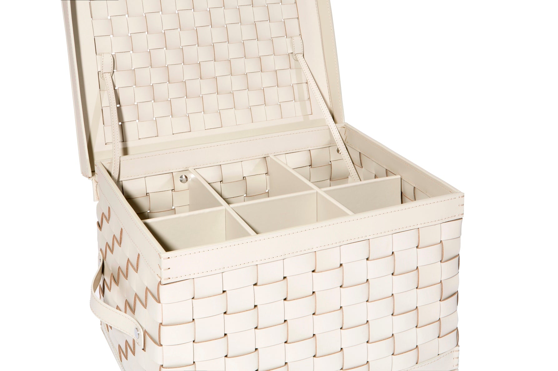 Riviere Barcellona Shoe Trunk with Lid & Handles | Elegant woven leather trunk available in small or large format, with or without internal dividers (6 or 8 compartments) | Features a hinged lid and practical leather handles, crafted exclusively in Riviere’s outdoor finishes | Ideal for storing shoes, accessories, or personal essentials in refined spaces, yachts, and dressing rooms | Home accessories & leather goods | 2Jour Concierge, your luxury lifestyle shop.