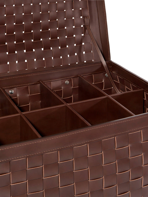 Riviere Barcellona Shoe Trunk with Lid & Handles | Elegant woven leather trunk available in small or large format, with or without internal dividers (6 or 8 compartments) | Features a hinged lid and practical leather handles, crafted exclusively in Riviere’s outdoor finishes | Ideal for storing shoes, accessories, or personal essentials in refined spaces, yachts, and dressing rooms | Home accessories & leather goods | 2Jour Concierge, your luxury lifestyle shop.