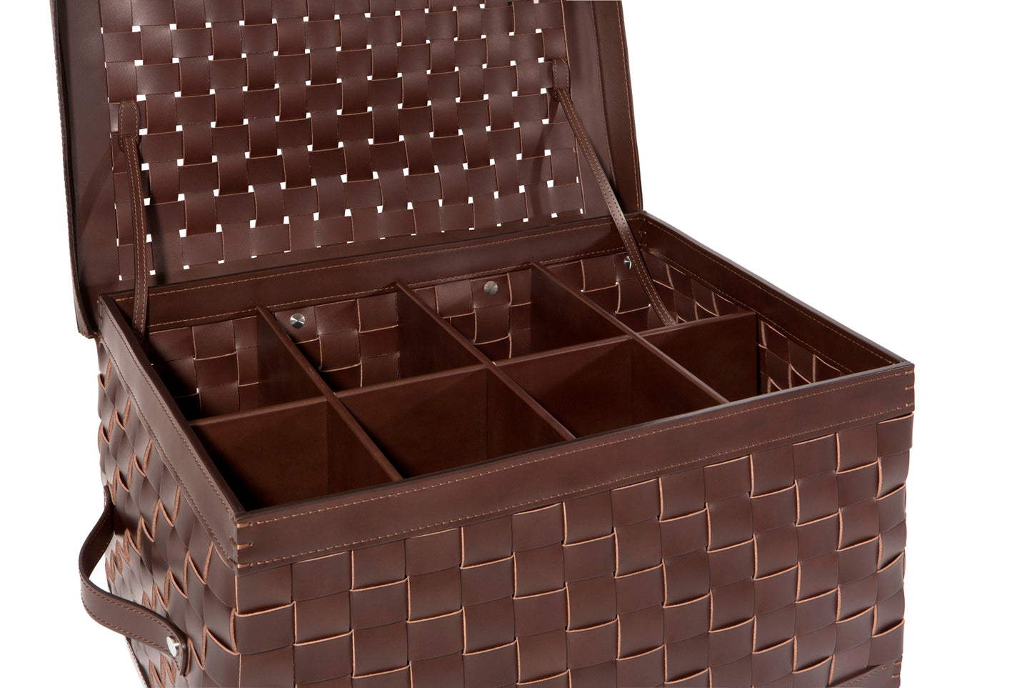 Riviere Barcellona Shoe Trunk with Lid & Handles | Elegant woven leather trunk available in small or large format, with or without internal dividers (6 or 8 compartments) | Features a hinged lid and practical leather handles, crafted exclusively in Riviere’s outdoor finishes | Ideal for storing shoes, accessories, or personal essentials in refined spaces, yachts, and dressing rooms | Home accessories & leather goods | 2Jour Concierge, your luxury lifestyle shop.