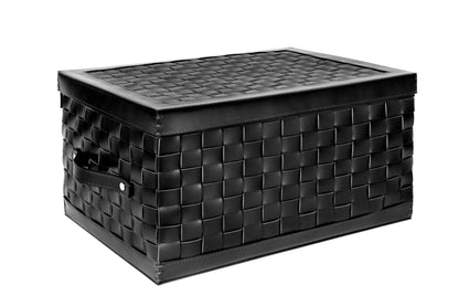 Riviere Barcellona Shoe Trunk with Lid & Handles | Elegant woven leather trunk available in small or large format, with or without internal dividers (6 or 8 compartments) | Features a hinged lid and practical leather handles, crafted exclusively in Riviere’s outdoor finishes | Ideal for storing shoes, accessories, or personal essentials in refined spaces, yachts, and dressing rooms | Home accessories & leather goods | 2Jour Concierge, your luxury lifestyle shop.