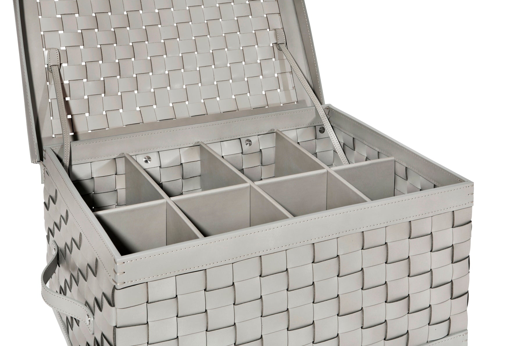 Riviere Barcellona Shoe Trunk with Lid & Handles | Elegant woven leather trunk available in small or large format, with or without internal dividers (6 or 8 compartments) | Features a hinged lid and practical leather handles, crafted exclusively in Riviere’s outdoor finishes | Ideal for storing shoes, accessories, or personal essentials in refined spaces, yachts, and dressing rooms | Home accessories & leather goods | 2Jour Concierge, your luxury lifestyle shop.