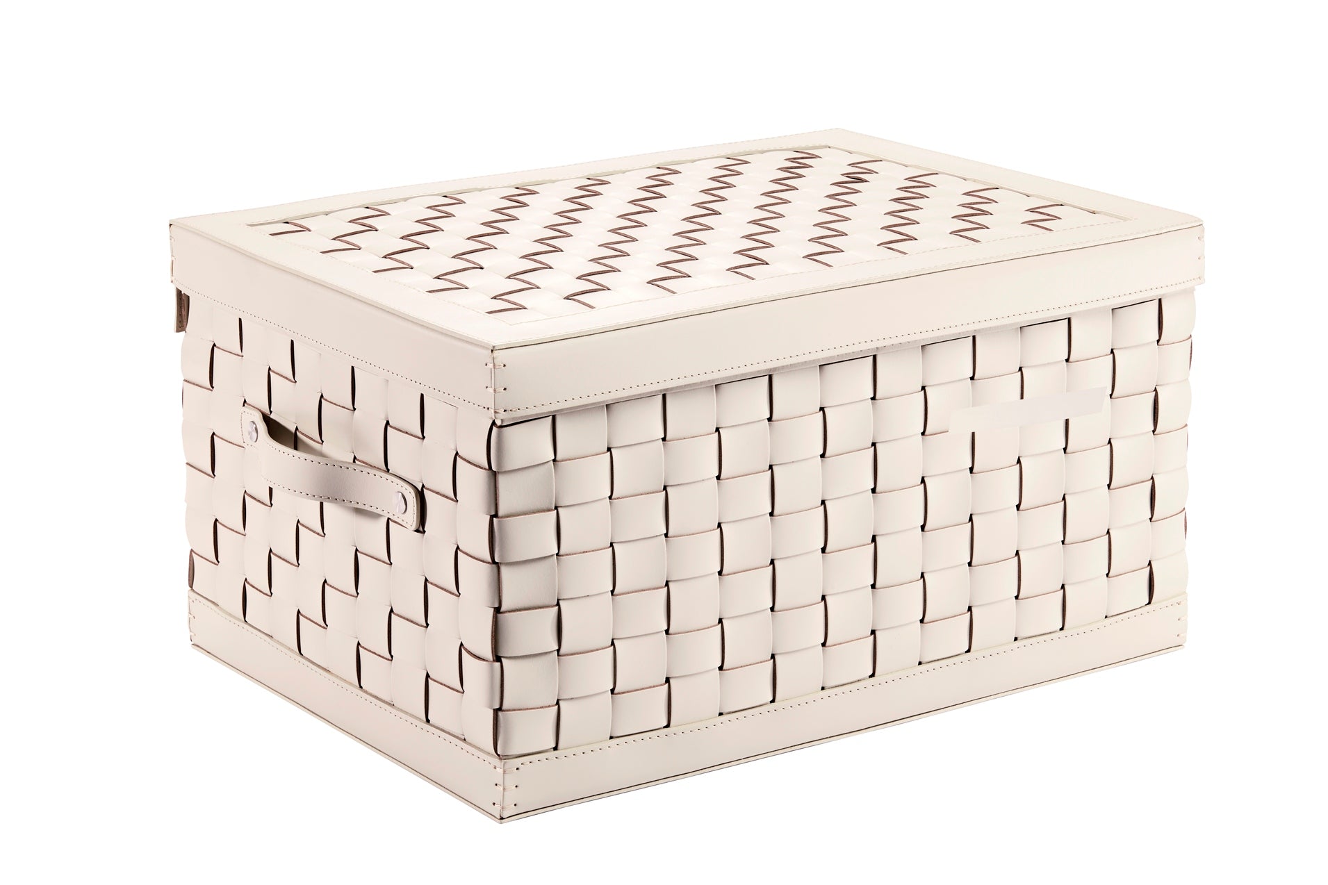 Riviere Barcellona Shoe Trunk with Lid & Handles | Elegant woven leather trunk available in small or large format, with or without internal dividers (6 or 8 compartments) | Features a hinged lid and practical leather handles, crafted exclusively in Riviere’s outdoor finishes | Ideal for storing shoes, accessories, or personal essentials in refined spaces, yachts, and dressing rooms | Home accessories & leather goods | 2Jour Concierge, your luxury lifestyle shop.