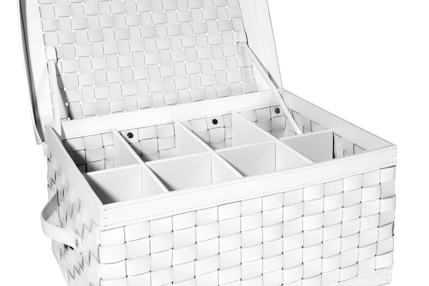 Riviere Barcellona Shoe Trunk with Lid & Handles | Elegant woven leather trunk available in small or large format, with or without internal dividers (6 or 8 compartments) | Features a hinged lid and practical leather handles, crafted exclusively in Riviere’s outdoor finishes | Ideal for storing shoes, accessories, or personal essentials in refined spaces, yachts, and dressing rooms | Home accessories & leather goods | 2Jour Concierge, your luxury lifestyle shop.