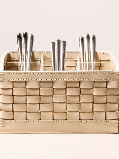 Rivière Barcellona Cutlery Holder | Woven leather cutlery holder with a removable transparent plexiglass inner structure featuring 6 partitions | Table Accessories and Storage | 2Jour Concierge, your luxury lifestyle shop