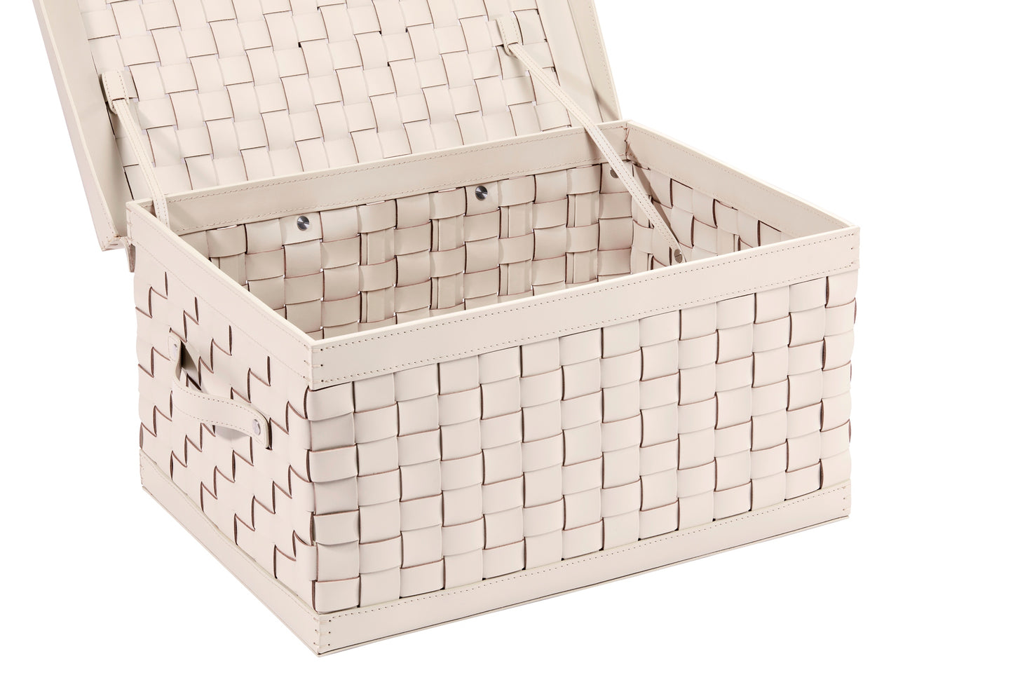Riviere Barcellona Shoe Trunk with Lid & Handles | Elegant woven leather trunk available in small or large format, with or without internal dividers (6 or 8 compartments) | Features a hinged lid and practical leather handles, crafted exclusively in Riviere’s outdoor finishes | Ideal for storing shoes, accessories, or personal essentials in refined spaces, yachts, and dressing rooms | Home accessories & leather goods | 2Jour Concierge, your luxury lifestyle shop.