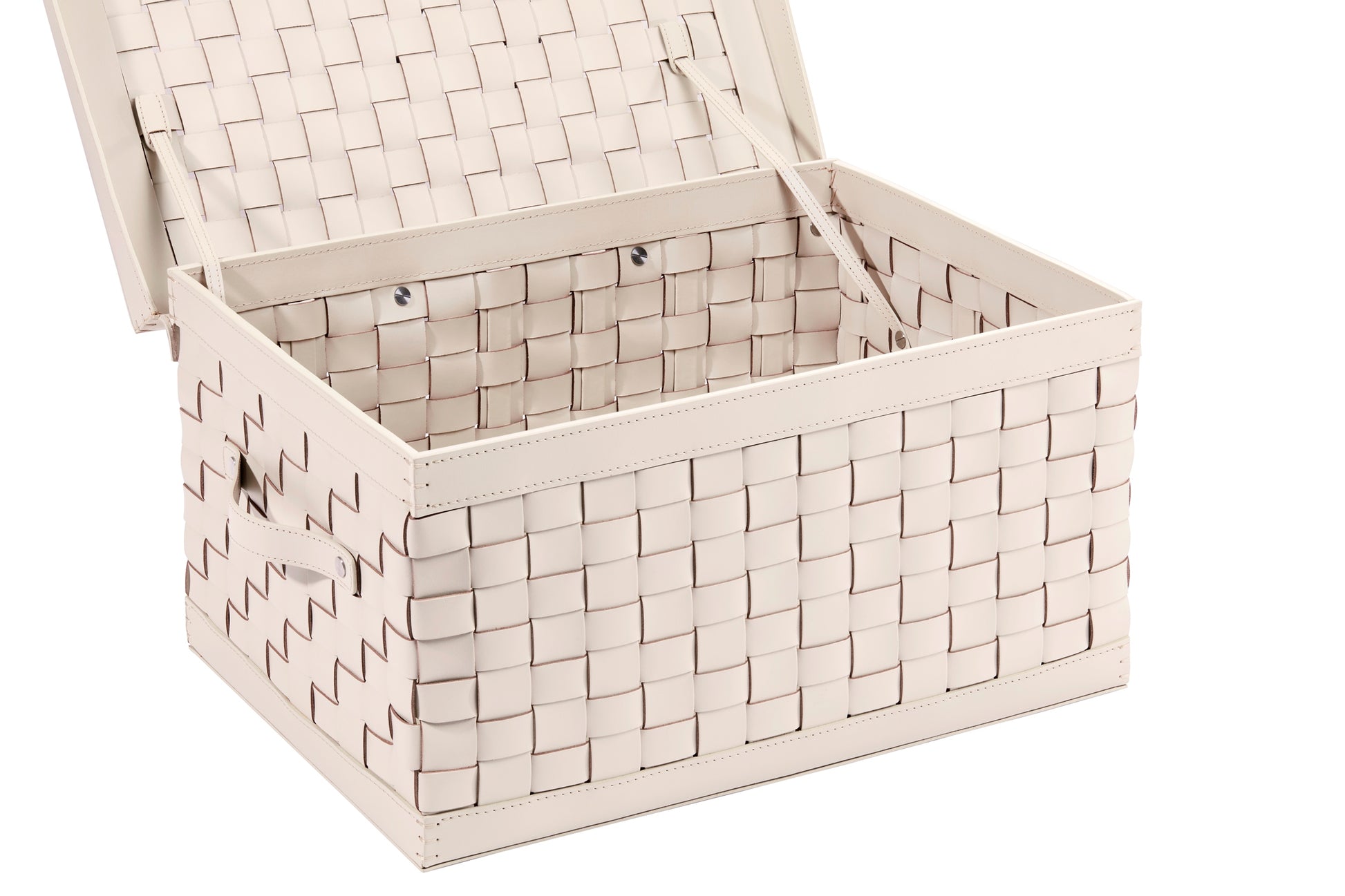 Riviere Barcellona Shoe Trunk with Lid & Handles | Elegant woven leather trunk available in small or large format, with or without internal dividers (6 or 8 compartments) | Features a hinged lid and practical leather handles, crafted exclusively in Riviere’s outdoor finishes | Ideal for storing shoes, accessories, or personal essentials in refined spaces, yachts, and dressing rooms | Home accessories & leather goods | 2Jour Concierge, your luxury lifestyle shop.