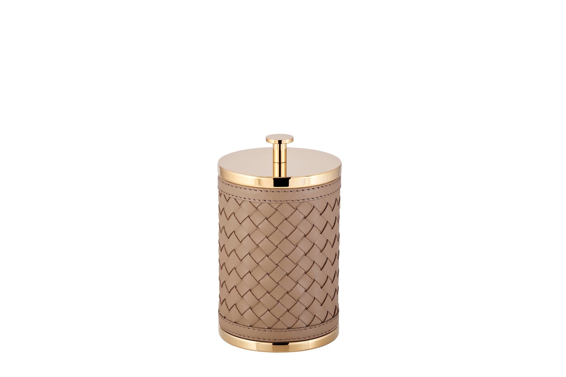 Riviere Alghero Handwoven Leather Box with Metal Finish | Covered with Handwoven Leather | Features Chrome or Gold Metal Finish | Perfect for Organizing and Elevating Your Bathroom Decor