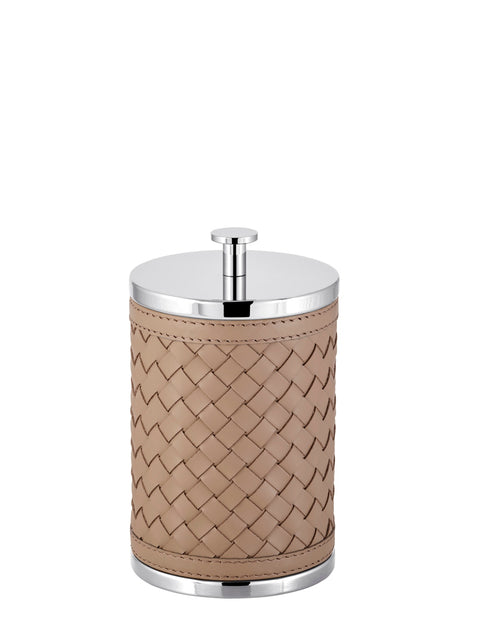 Riviere Alghero Handwoven Leather Box with Metal Finish | Covered with Handwoven Leather | Features Chrome or Gold Metal Finish | Perfect for Organizing and Elevating Your Bathroom Decor