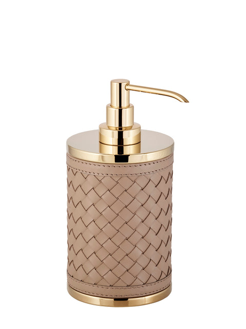 Riviere Alghero Handwoven Leather Soap Dispenser | Covered with Handwoven Leather | Features Chrome or Gold Metal Finish | Elevate Your Bathroom Decor with Luxury Accessories from 2Jour Concierge, #1 luxury high-end gift & lifestyle shop