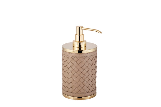 Riviere Alghero Handwoven Leather Soap Dispenser | Covered with Handwoven Leather | Features Chrome or Gold Metal Finish | Elevate Your Bathroom Decor with Luxury Accessories from 2Jour Concierge, #1 luxury high-end gift & lifestyle shop