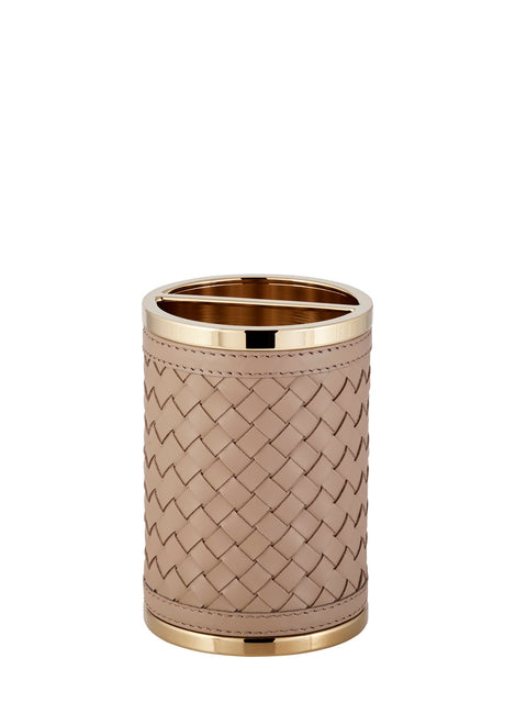 Riviere Alghero Handwoven Leather Toothbrush Holder | Covered with Handwoven Leather | Features Chrome or Gold Metal Finish | Elevate Your Bathroom Decor with Luxury Accessories from 2Jour Concierge, #1 luxury high-end gift & lifestyle shop