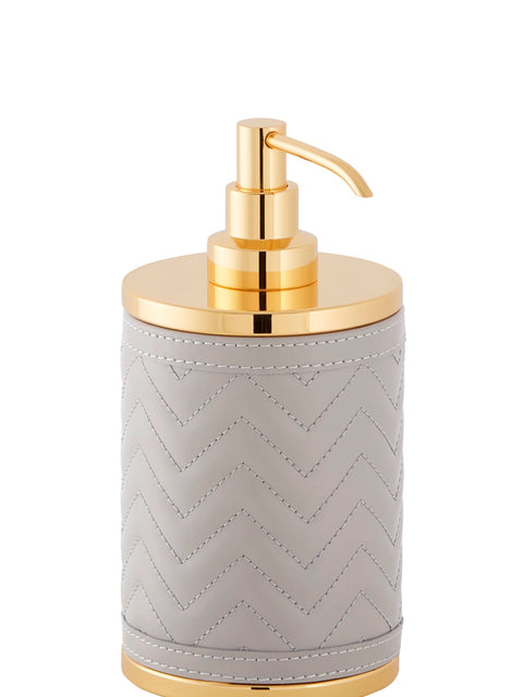 Riviere Alghero Quilted Herringbone Leather Soap Dispenser | Covered with Quilted Herringbone Padded Leather | Features Chrome or Gold Metal Finish | Adds Elegance to Bathrooms