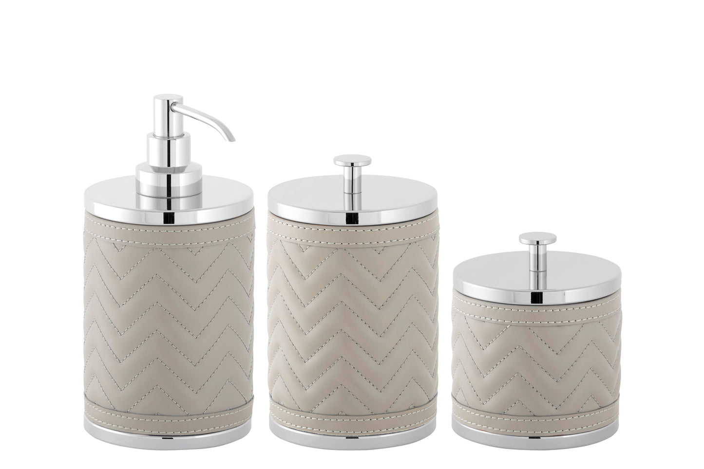 Riviere Alghero Quilted Herringbone Leather Soap Dispenser | Covered with Quilted Herringbone Padded Leather | Features Chrome or Gold Metal Finish | Adds Elegance to Bathrooms
