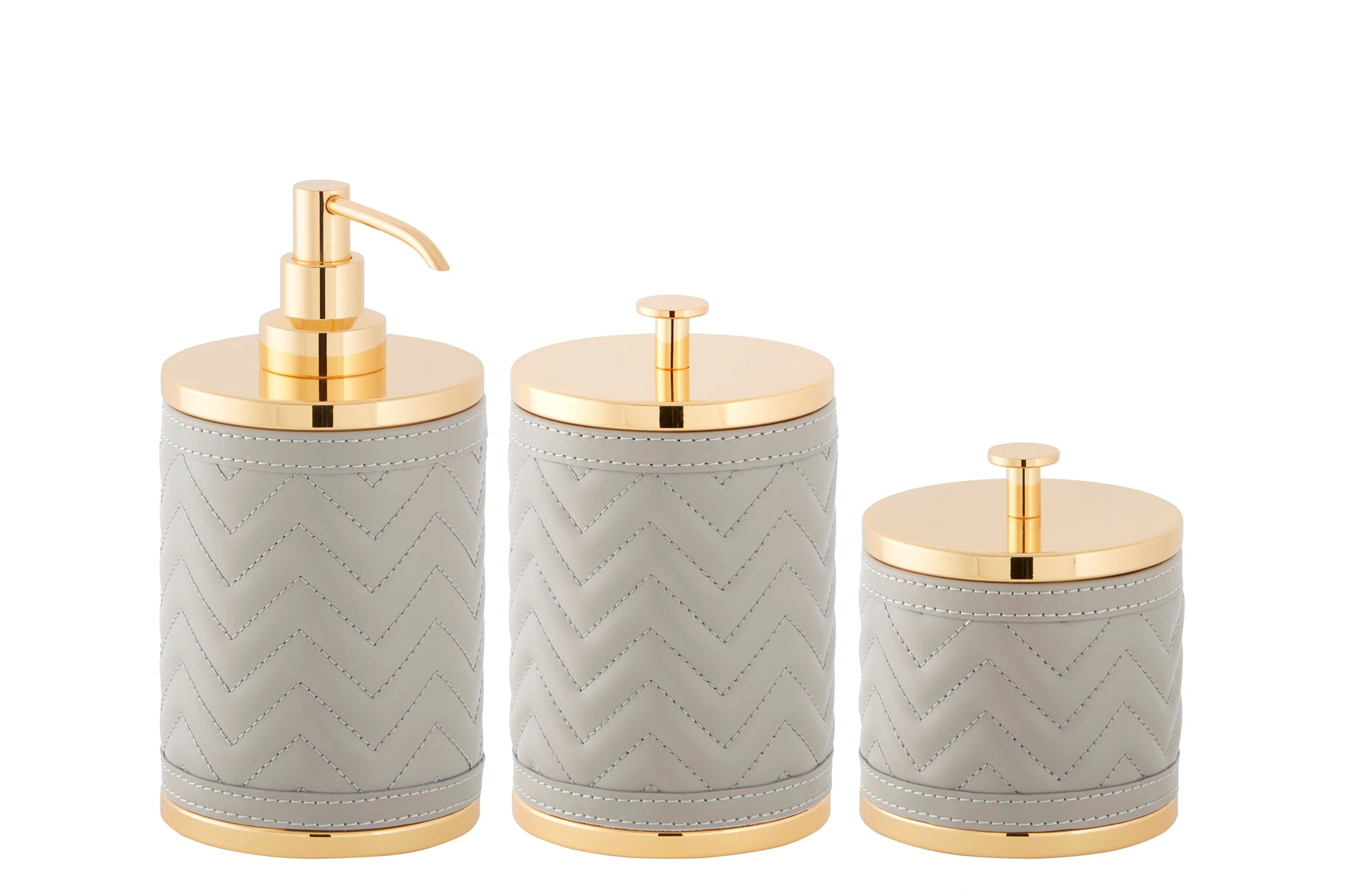 Riviere Alghero Quilted Herringbone Leather Soap Dispenser | Covered with Quilted Herringbone Padded Leather | Features Chrome or Gold Metal Finish | Adds Elegance to Bathrooms