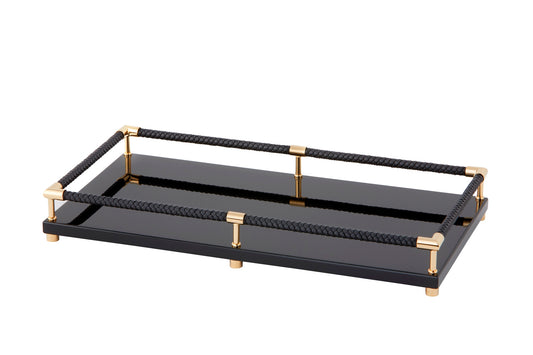 Riviere Thea Lacquered Wood Tray with Braided Leather Railing | Rectangular Vanity Tray | Lacquered Wood Base | Braided Leather Railing | Chrome or Gold Details | Perfect for Vanity Organization | Explore Luxury Home Accessories at 2Jour Concierge, #1 luxury high-end gift & lifestyle shop