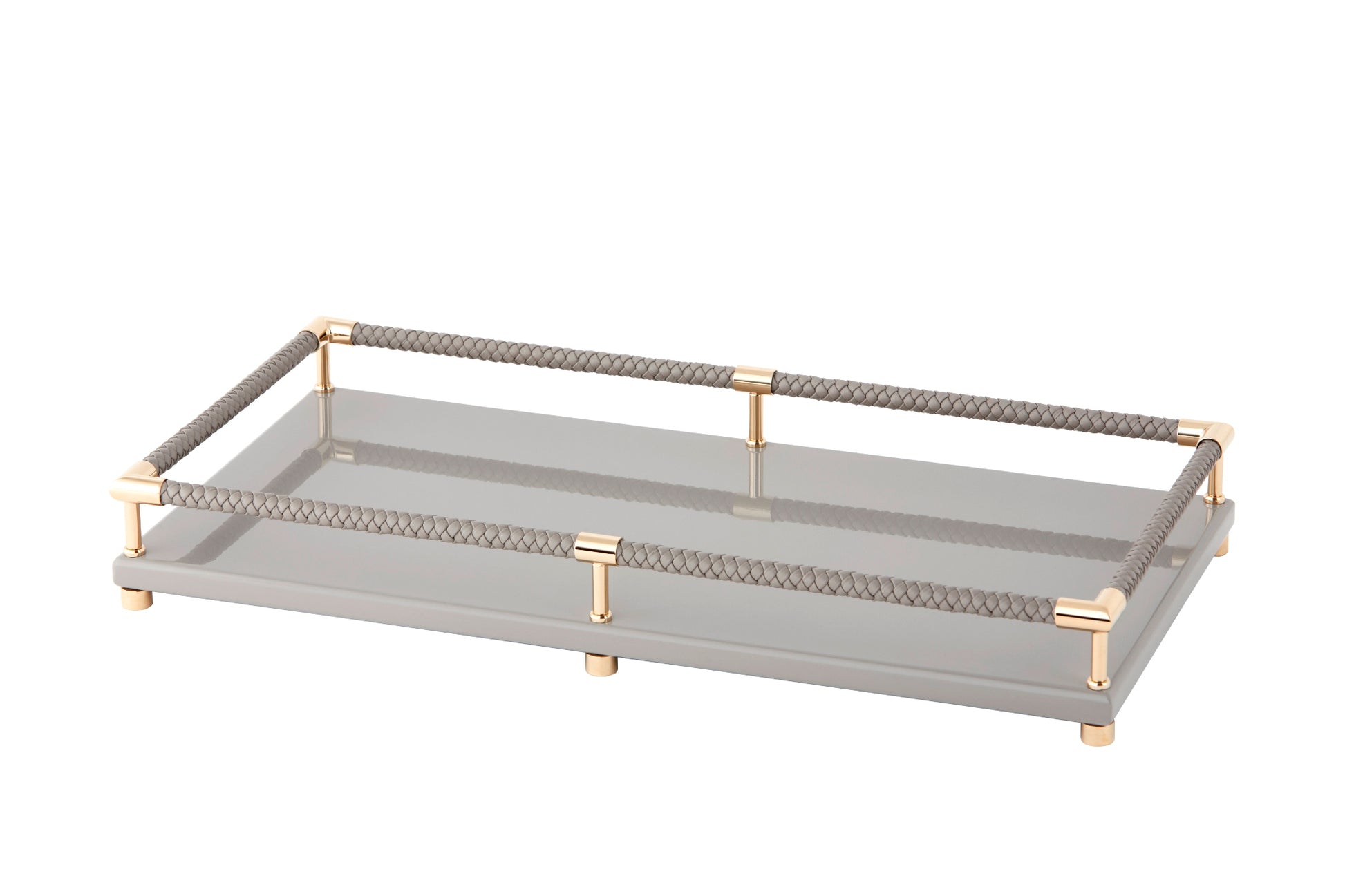 Riviere Thea Lacquered Wood Tray with Braided Leather Railing | Rectangular Vanity Tray | Lacquered Wood Base | Braided Leather Railing | Chrome or Gold Details | Perfect for Vanity Organization | Explore Luxury Home Accessories at 2Jour Concierge, #1 luxury high-end gift & lifestyle shop