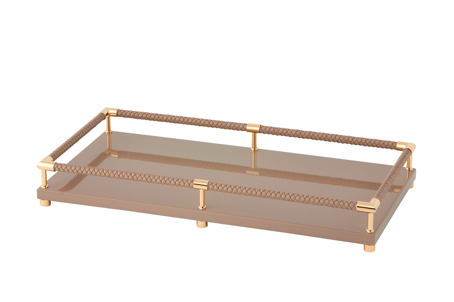 Riviere Thea Lacquered Wood Tray with Braided Leather Railing | Rectangular Vanity Tray | Lacquered Wood Base | Braided Leather Railing | Chrome or Gold Details | Perfect for Vanity Organization | Explore Luxury Home Accessories at 2Jour Concierge, #1 luxury high-end gift & lifestyle shop