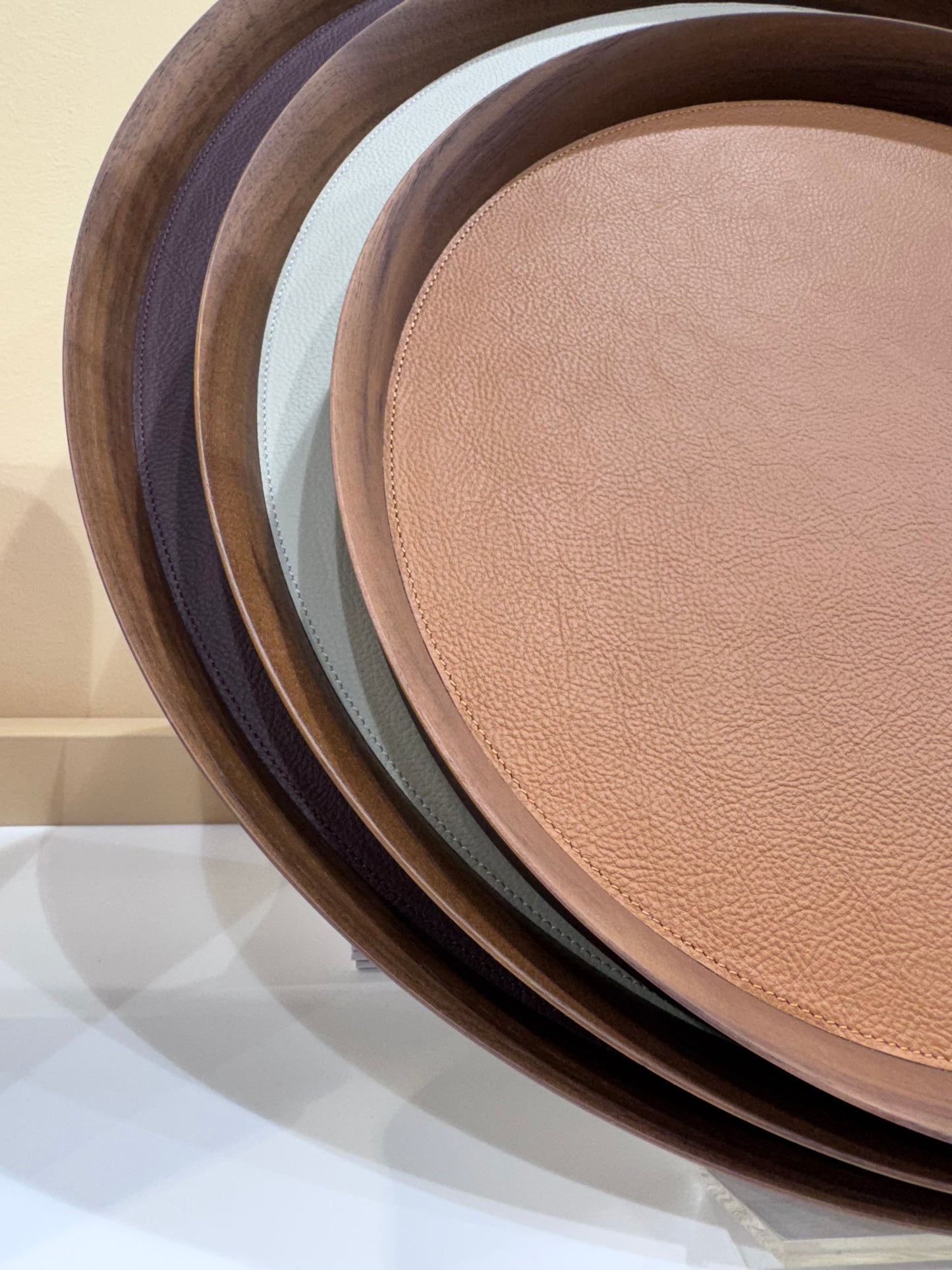 x Poltrona Frau Round Walnut Wood Tray with Fine Leather Inlay