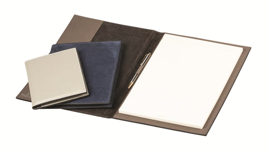 Leather-Covered Notepad Holder by Giobagnara | Padded leather cover and suede lining | Side leather pockets | Pen holder with pen | Includes notepad with 70 ivory paper sheets | Office Supplies and Notepad Holders | 2Jour Concierge, your luxury lifestyle shop