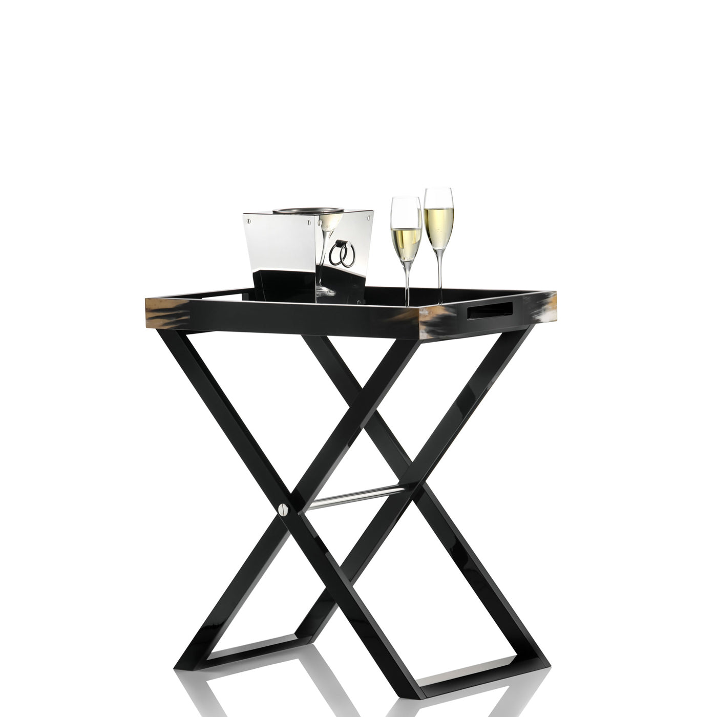 Elba Butlers Serving Table with Tray by Arcahorn | Crafted from dark horn, wood with a lacquered black gloss finish, and stainless steel. | Home Decor and Serveware | 2Jour Concierge, your luxury lifestyle shop