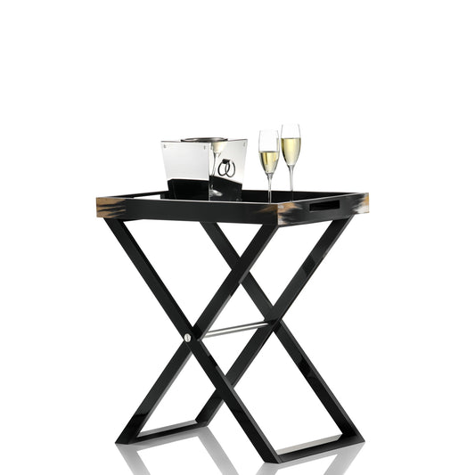 Elba Butlers Serving Table with Tray by Arcahorn | Crafted from dark horn, wood with a lacquered black gloss finish, and stainless steel. | Home Decor and Serveware | 2Jour Concierge, your luxury lifestyle shop